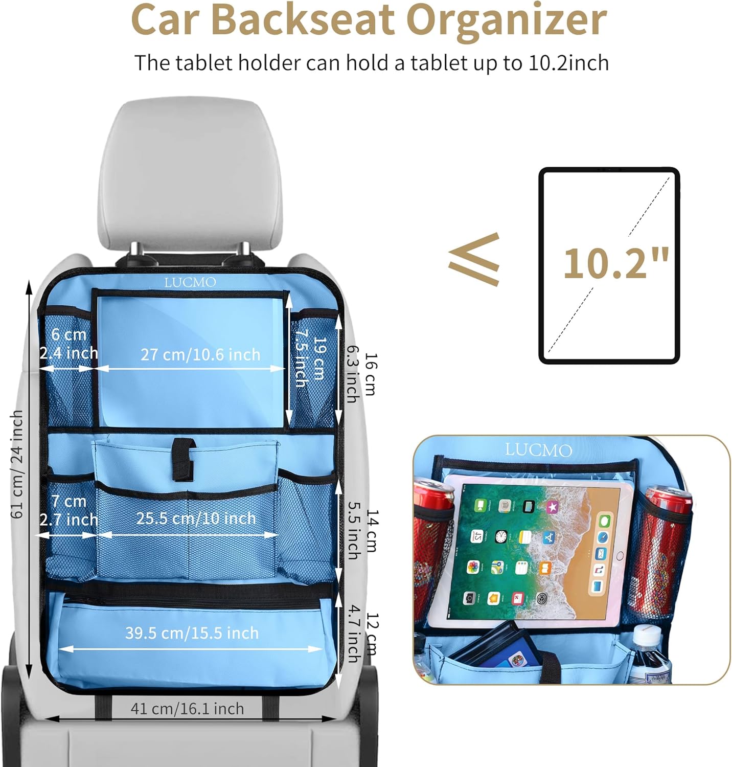LUCMO Car Backseat Organizer with Touch Screen Tablet Holder-2 Pcs,9 Storage Pockets Car Storage Organizer Protectors Kick Mats Travel Accessories for Kids-Light Blue