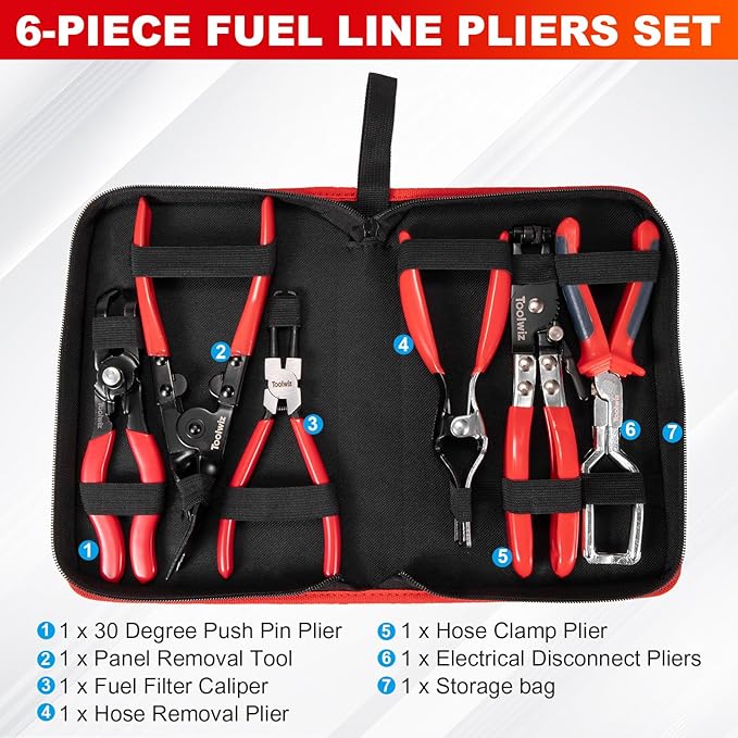 Toolwiz 6 pcs Fuel Line Pliers Set, Hose Clamp Plier, Panel Removal Tool, Hose Removal Plier, 30 Degree Push Pin Pliers, 2 pc 9" Electrical Disconnect Tool for Automotive Repair with Storage Bag