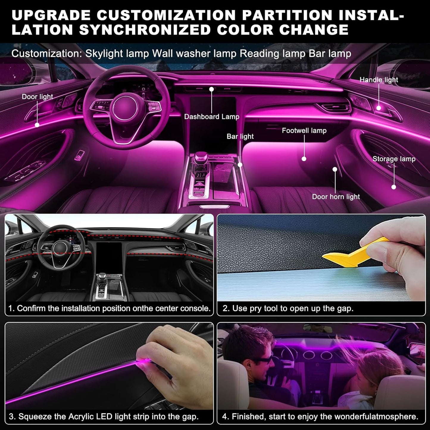 Acrylic Interior LED Strip Light With Wireless APP, RGB 18 in 1 With 175 Inches 600 LEDs Fiber Optic Ambient Lighting Kits for Car, 16 Million Colors Sound Active Function