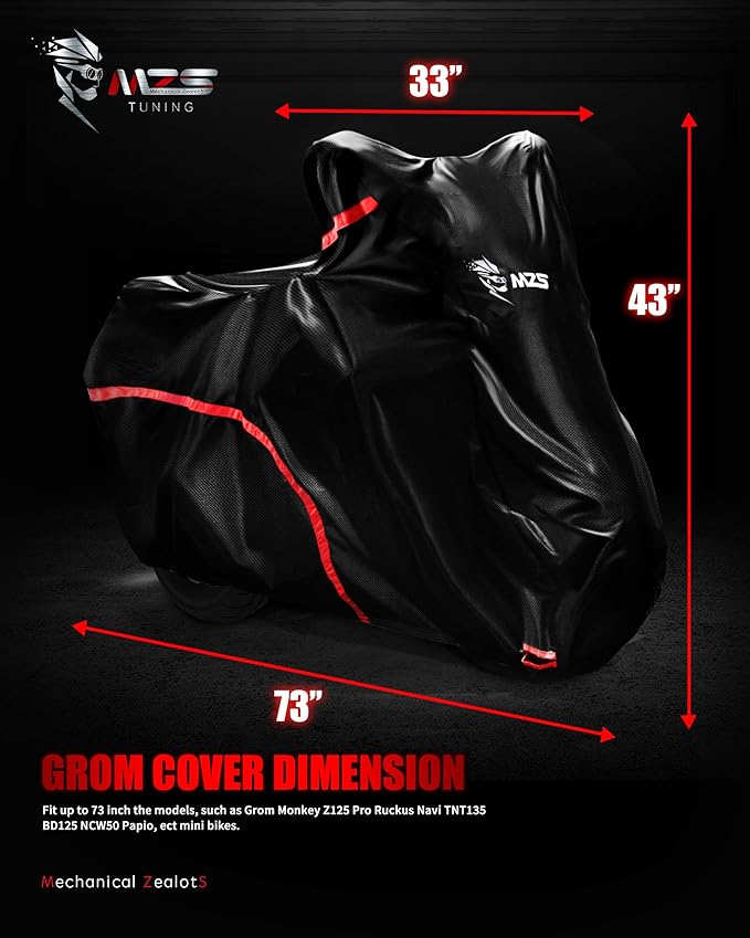 MZS Motorcycle Cover Waterproof Outdoor, 420D All Weather Scooter Cover Protection Storage fit up to 73" Compatible With Grom Sur Linght Bee X S Monkey 125 Ruckus Navi Z125 Papio NCW50 TNT135 CT110