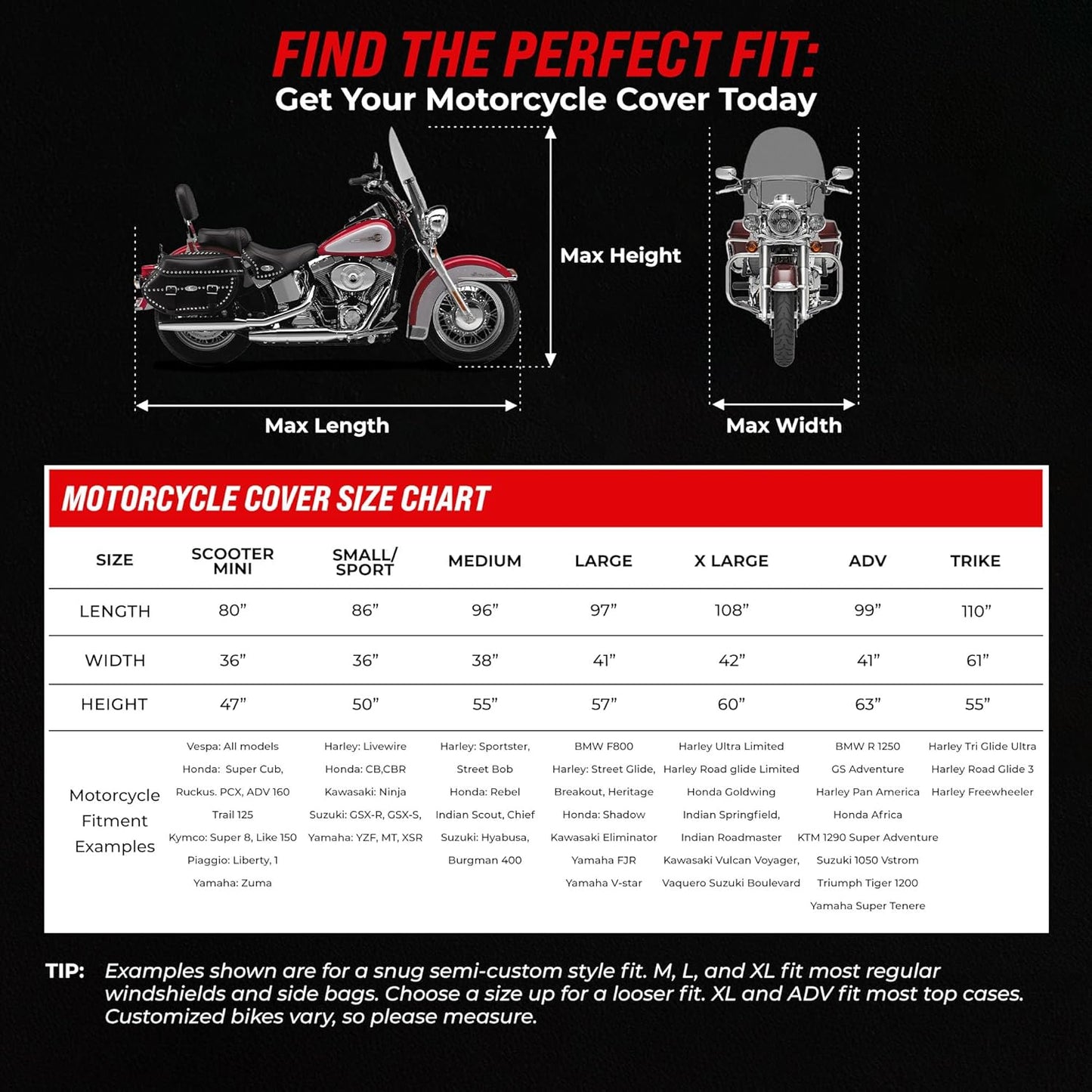 Badass Moto - Extra Large Motorcycle Cover Waterproof Outdoor, Heavy Duty, for Harley Davidson, Night Reflective (108” Full Dressers,Tourers) X-Large