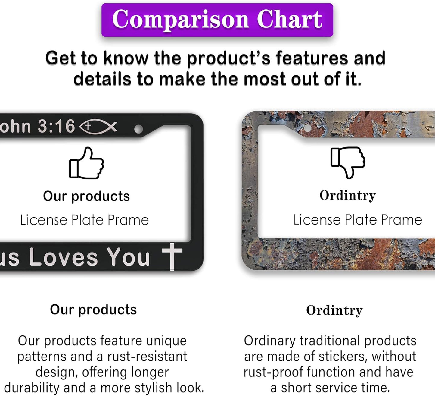 License Plate Cover Black and White License Plate Frames John 3:16 Jesus Loves You Universal Aluminum Car Accessory 2 Pack with Screw Covers Set