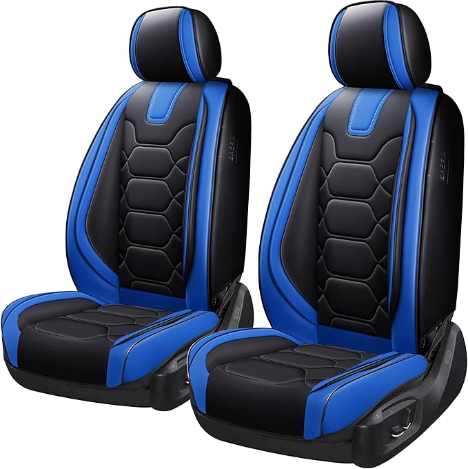 OASIS AUTO Car Seat Covers Front Seats, Waterproof Faux Leather Seat Covers for Cars Universal Fit for SUV, Truck, Sedan, Black Premium Car Seat Protector with Cushions (OS-004 Black&Blue)