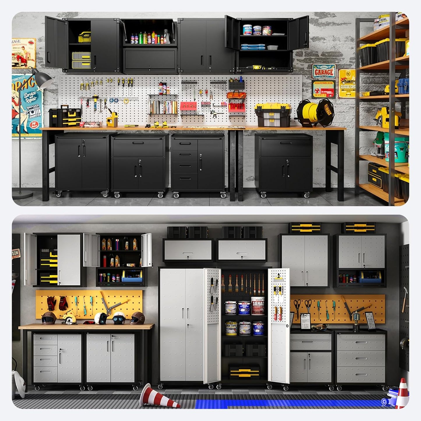 Metal Tool Cabinet,Garage Storage Cabinet System,Wall Cabinet & Locking Rolling Tool Cabinet with Doors and Adjustable Shelves,Steel Tool Cabinets for Home,Office (6 Pcs-StyleA, Black & Grey)
