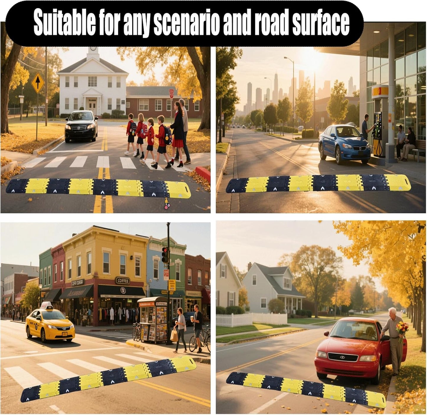 Portable Vehicle Traffic Speed Bump 118"×10"×1"Yellow-Black Reflective Non-Slip No Installation Needed Portable Traffic Speed Bump Parking、Lot Residential Area、Construction Site Speed Limiter