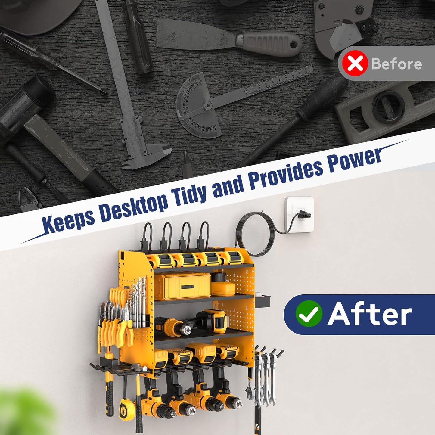 Heavy Duty Power Tool Organizer Wall Mount with Charging Station, 4 Layer Garage Storage Adjustable Shelves Height, Holds 4 Drills, 2 Hooks, Screw & Screwdriver box, Gifts for Fathers Day, Anniversary