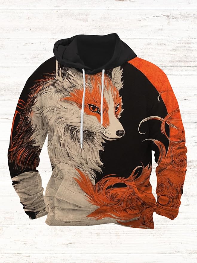 Mens Animal Print Graphic Hoodies Casual Long Sleeve Japanese Art Style Hooded Sweatshirt Lightweight Pullover Tops