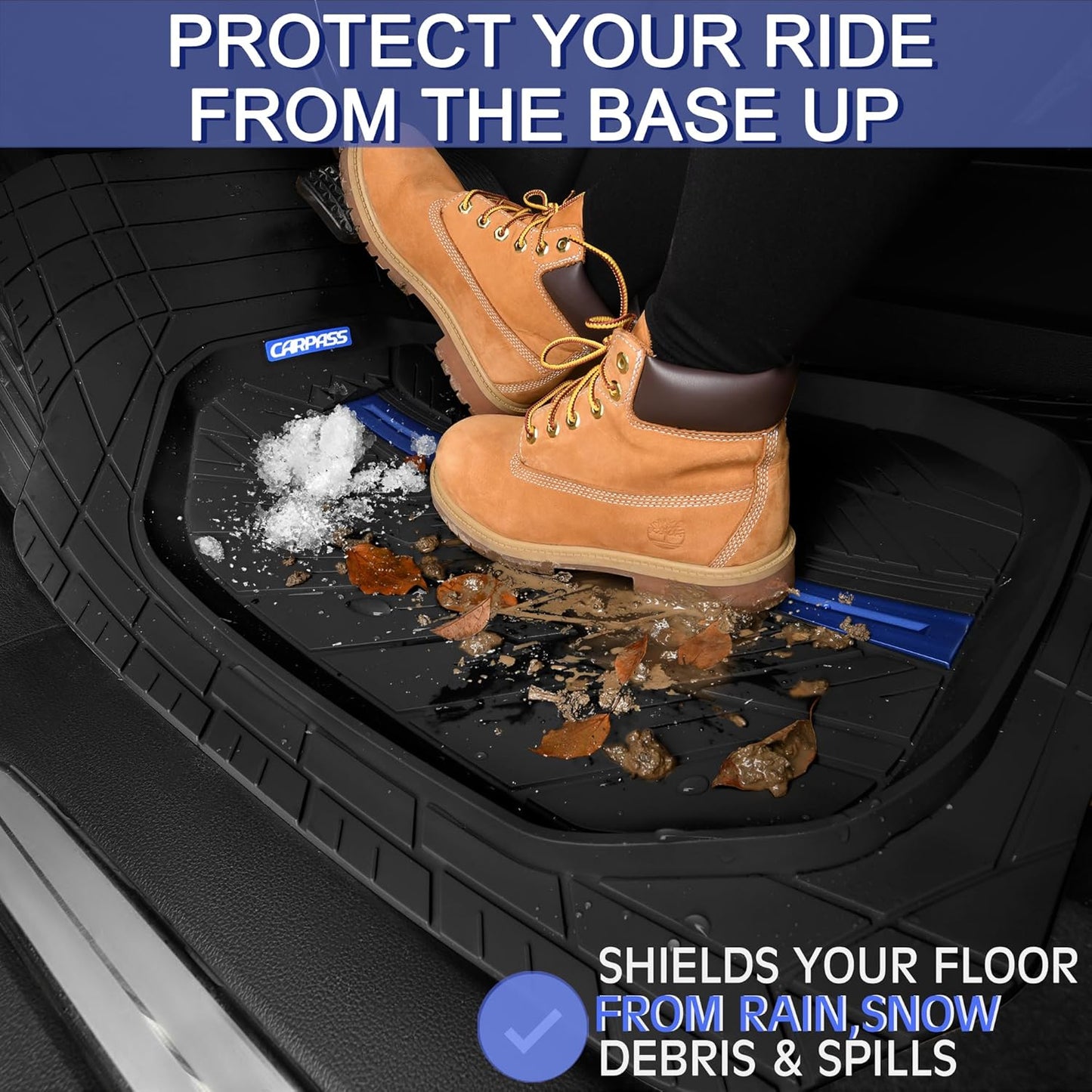 CAR PASS Tire Tread DeepDish Rubber Floor Mats for car Heavy Duty car mats All Weather, Universal XL~M Trim to Fit for Truck SUV Vehicle Automotive, Waterproof car mats 3 Piece(Blue Black)