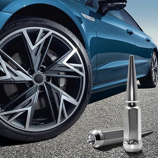 M12X1.5 Chrome Silver Wheel Spike Lug Nuts, 32 PCS Lug Nut Wheel Accessories with 1 Socket Key, Thread Spiked 4.4" Long Closed End Nuts Compatible with Camry Accord Impala