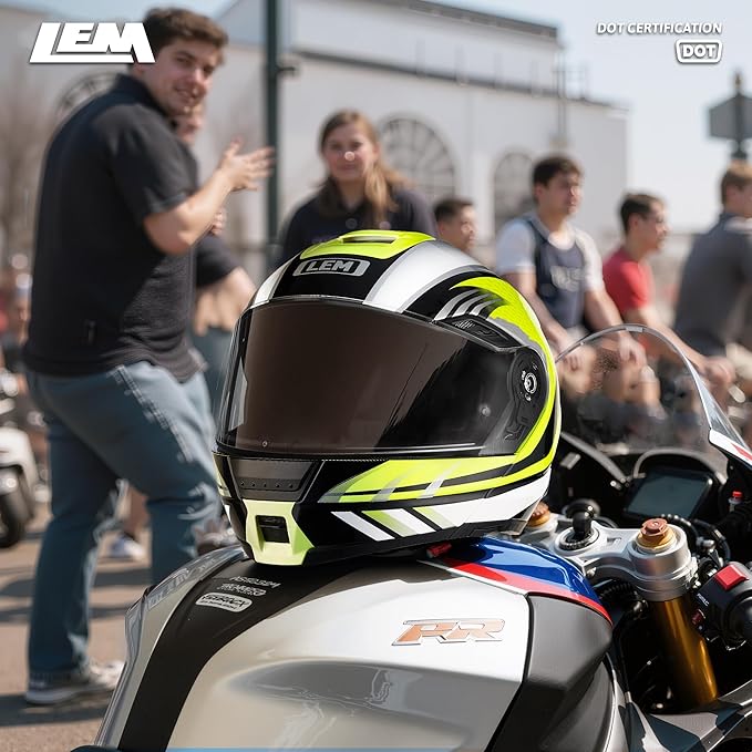 LEM Modular Motorcycle Helmets Fiberglass, Full Face Motorcycle Helmet Flip Up for Touring, DOT Certified, Release Sun Visor & Removable Comfort Liner, Lightweight Street Bike Helmet (Yellow, S)