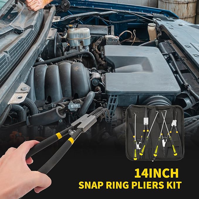 8 Pcs Extra Long Snap Ring Pliers with Hook Set, 13 inch Circlip Pliers Heavy Duty, Internal External C Clip Tool Straight Bent Jaws Retaining Ring Remover