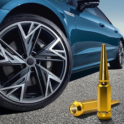 1/2"-20 Gold Wheel Spike Lug Nuts, 32 PCS Lug Nut Accessories with 1 Socket Key, Thread Spiked 4.4" Long Closed End Nuts Compatible with Wrangler Cherokee Explorer