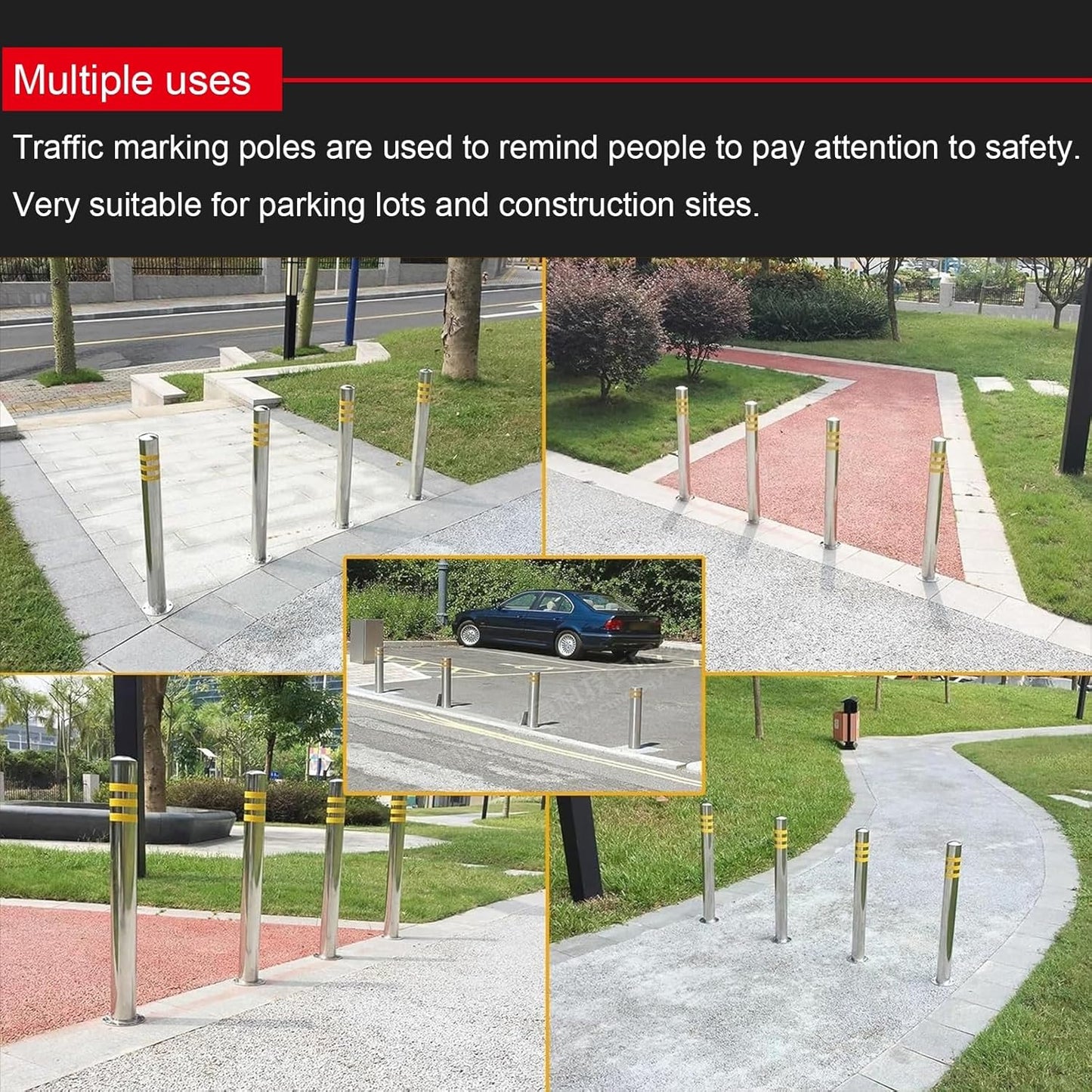Stainless Steel Parking Bollards for Driveway, Industrial Safety Bollards Reflective Channelizer Post, Parking Barrier, Sturdy and Durable, Easy to Install, for Crowd Control(Silver (4pcs),8.9*60cm/3.
