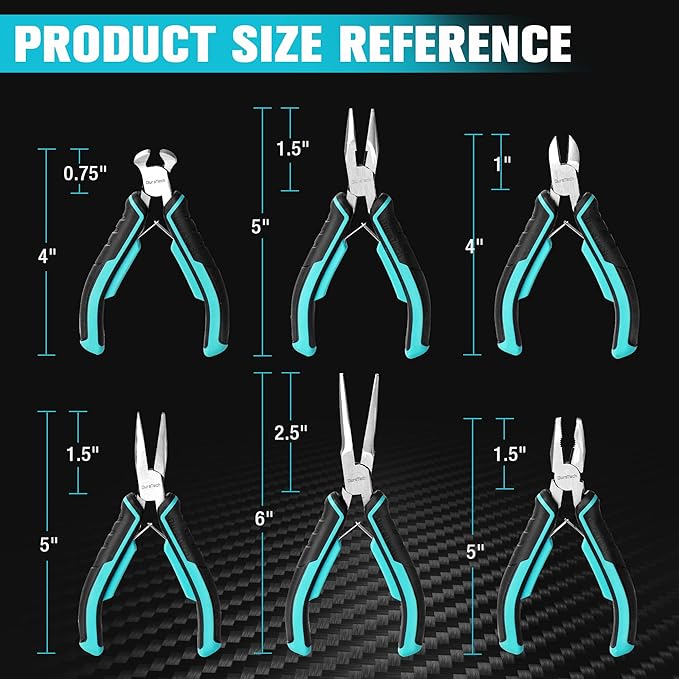 DURATECH Mini Pliers Set, 6PCS Jewelry Pliers Set, CRV Construction, Includes Needle Nose, Diagonal, Long Nose, Bent Nose, End Cutting and Linesman Pliers, for Making Crafts, Repairing Electronic