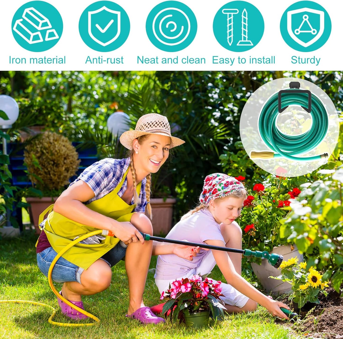 Metal Garden Hose Hook Heavy Duty Water Hose Hook Wall Mounted Garage Hook Sturdy Storage Bracket Stand Organizer 40lbs for Water Extension Cords Black