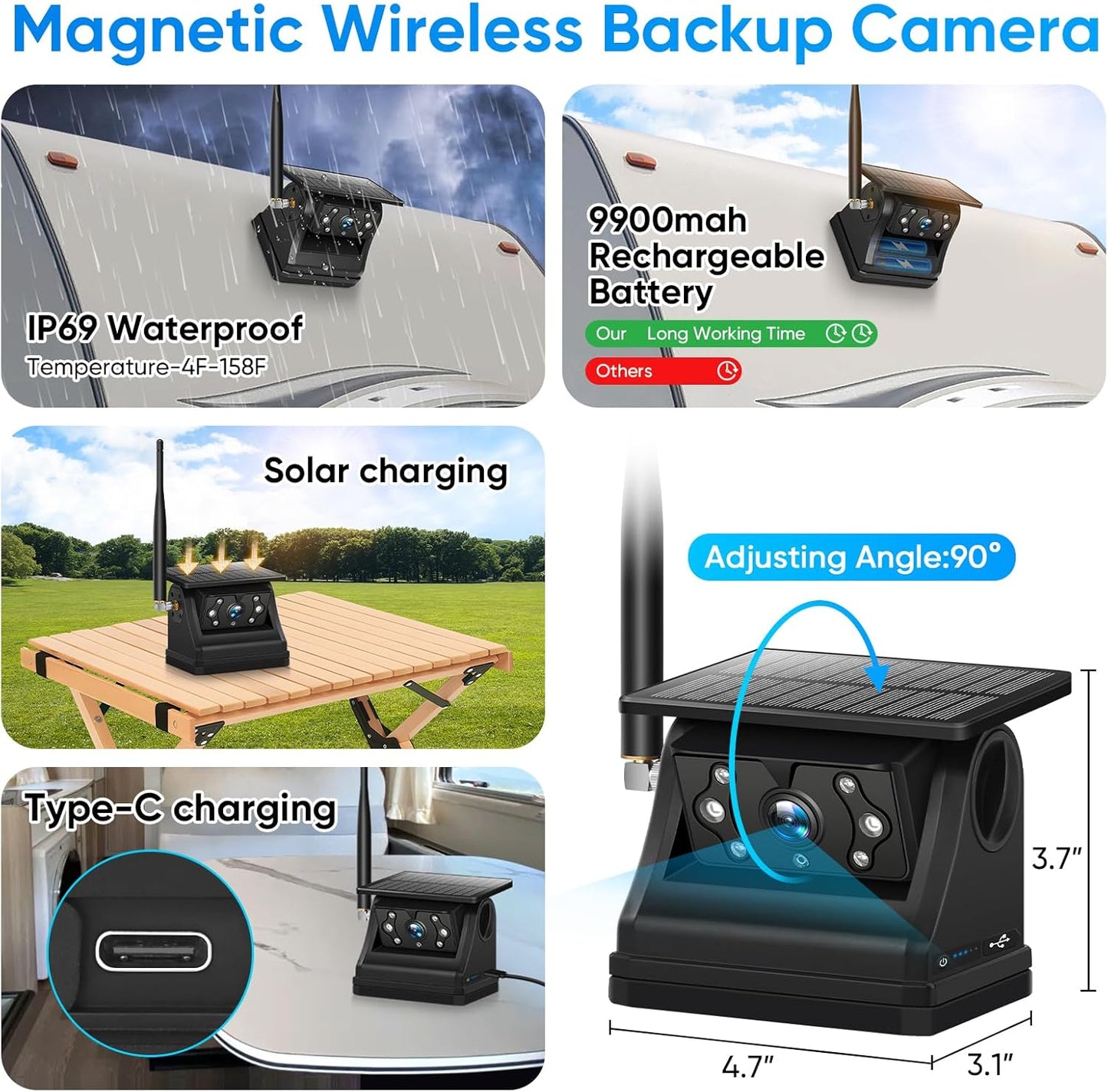 Magnetic Solar Wireless Backup Camera System with 7" IPS Touchscreen Monitor, 2K Rechargeable Auto On Off Rear View Camera with DVR Loop Recording for RV, Camper, Trailer, Trucks