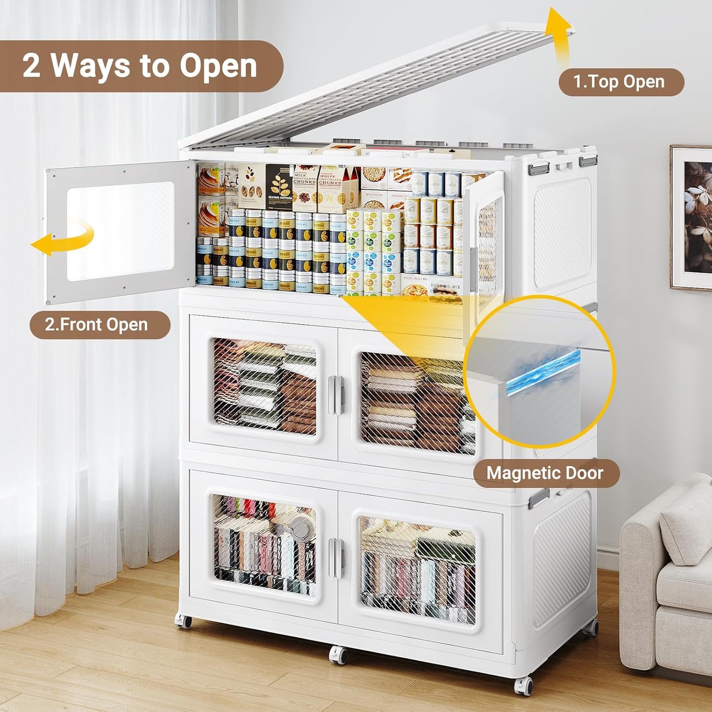 1200 Qt Stackable Storage Bin with Lid, 300Gal Extra Large Collapsible Storage Boxes, Folding Plastic Drawer, Heavy-Duty Store Cabinet, Closet Organizer for Home Kitchen, 4 Pack White