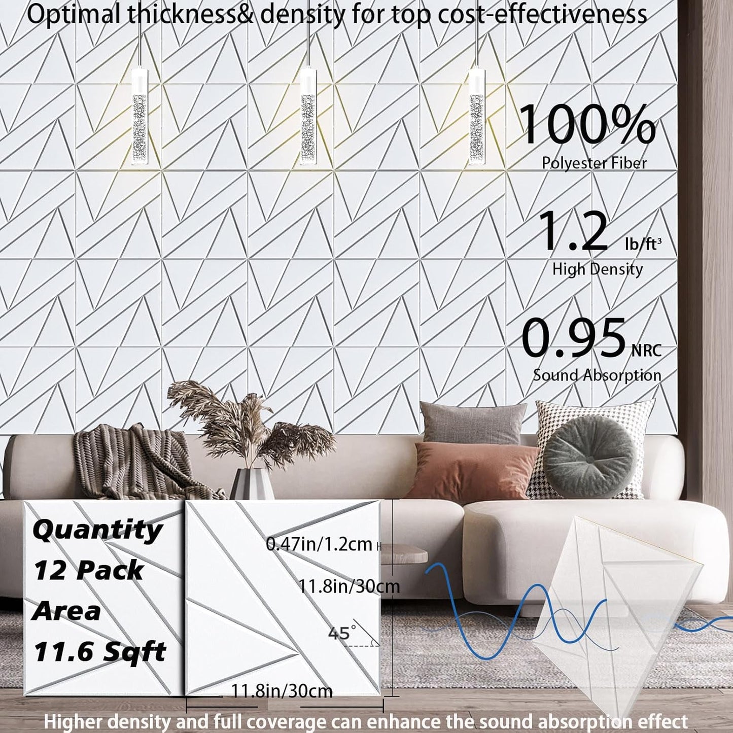 12 Pack Self-Adhesive Soundproof Wall Panels, 12 x 12 x 0.47 In Sound Proof Foam Panels for Walls, 1.2lb/ft³ High Density, Thicker 0.47in, Acoustic Panels, Noise Dampening Panels Studio White