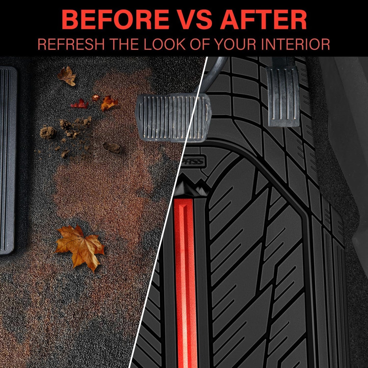 CAR PASS Metal Medium Rubber Floor Mats for car Heavy Duty car mats All Weather, Universal Trim to Fit for Truck SUV Vehicle Automotive Floor Mats, Waterproof car mats 4 Piece (Red Black)