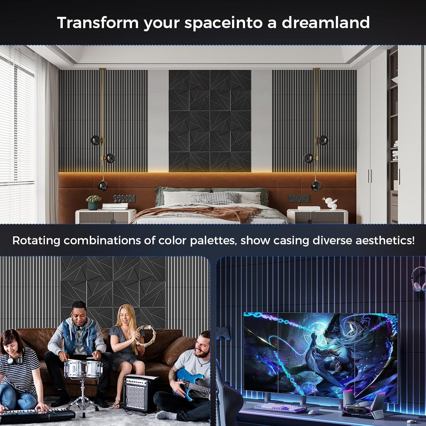 8 Pack 2-Layer Fold Soundproof Wall Panels, 24 x 12 x 0.43 in Large Sound Proof Foam Panels for Walls, 0.9lb/ft³ High Density, 3D Acoustic Panels,Artistic Noise Dampening Panels Black&White