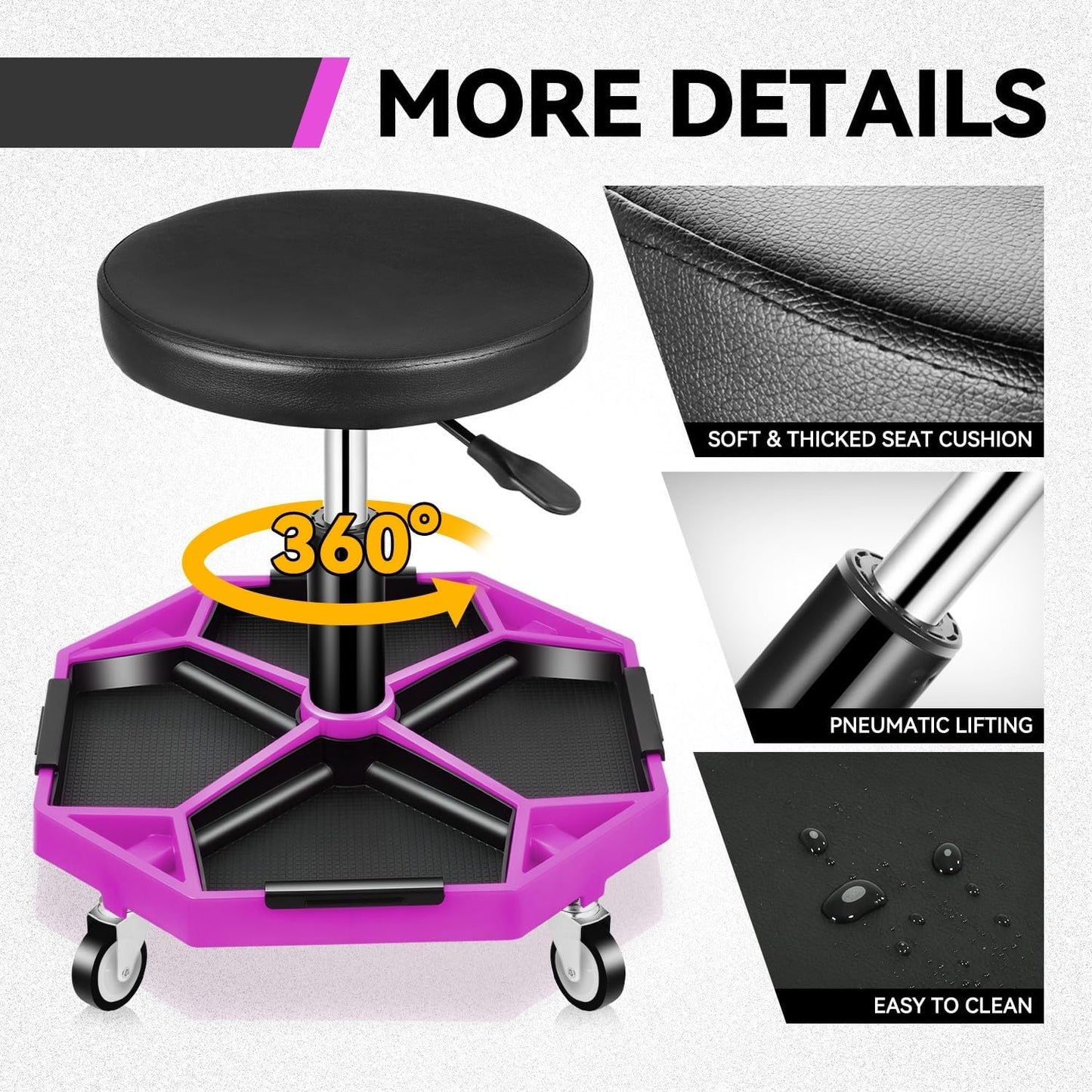 Auto Dynasty Mechanic Stool, Adjustable Rolling Pneumatic Creeper Garage Shop Seat with Tool Tray, 300 LBS Roller Seat for Workshop Auto Repair, Adjustable Height 15.7" to 21", Purple