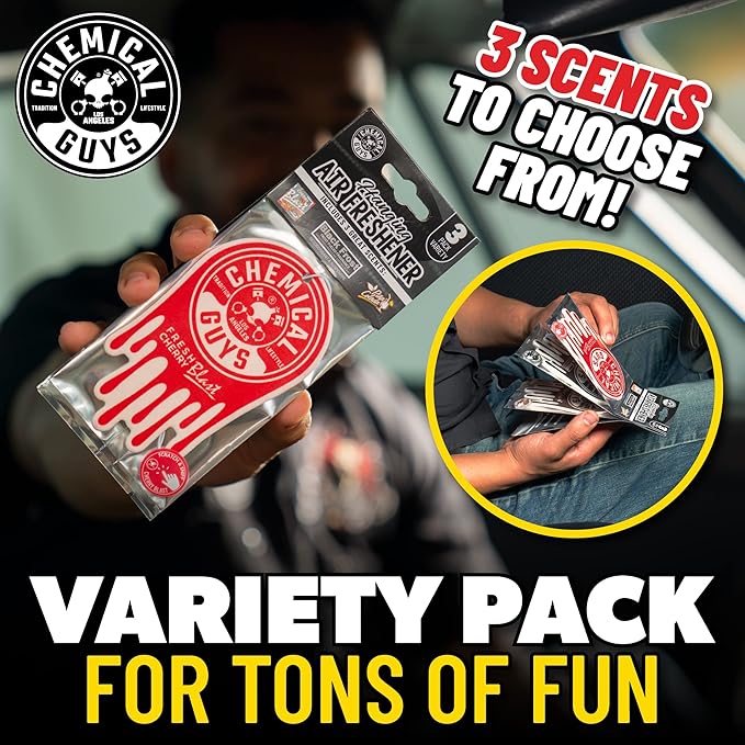 Chemical Guys Hanging Air Freshener, Variety Scent Pack 12 Pack, Great for Cars, Trucks, SUVs, RVs, Home, Garage, Workspace, Dorm Room & More (4 x 3 Packs, Black Frost, Cherry, Pina Colada) - AIR40404