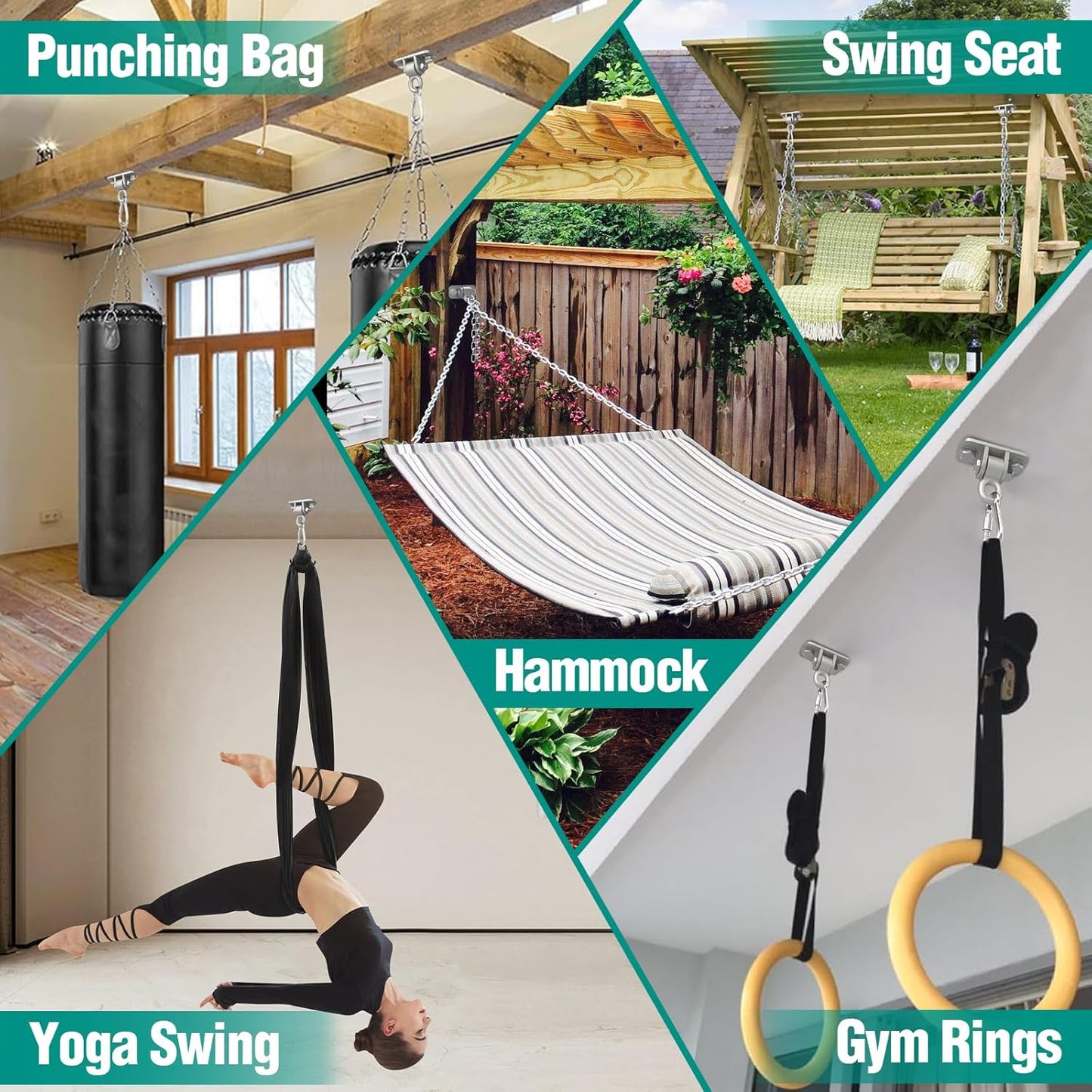 BETOOLL Swing Hangers with Bearing, Heavy Duty Porch Swing Hanging Kit for Outdoor Playground Tree Ceiling Mount Swingset Hardware Bracket Hooks for Hammock Yoga Punching Bag Accessories 4PCS Silver
