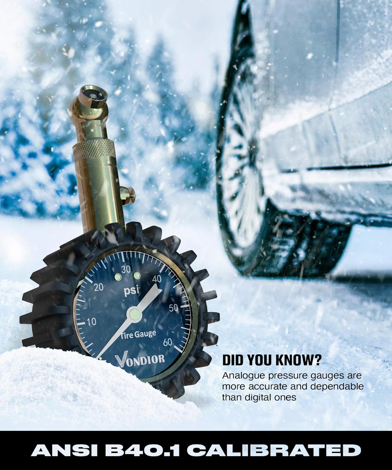 Tire Pressure Gauge - (0-60 PSI) Heavy Duty, Certified ANSI Accurate with Large 2 Inch Easy to Read Glow Dial, Low - High Air Pressure Gauge. Tire Gauge for Car and Trucks Tires by Vondior