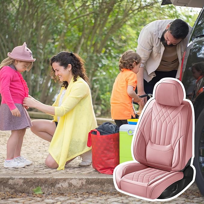 Pink Leather Car Seat Covers Front Seats, Luxury Automotive Seat Covers with Lumbar Support, Waterproof Pink Car Accessories Seat Protector Universal Fit for Most Cars Trucks Pick-ups SUVs