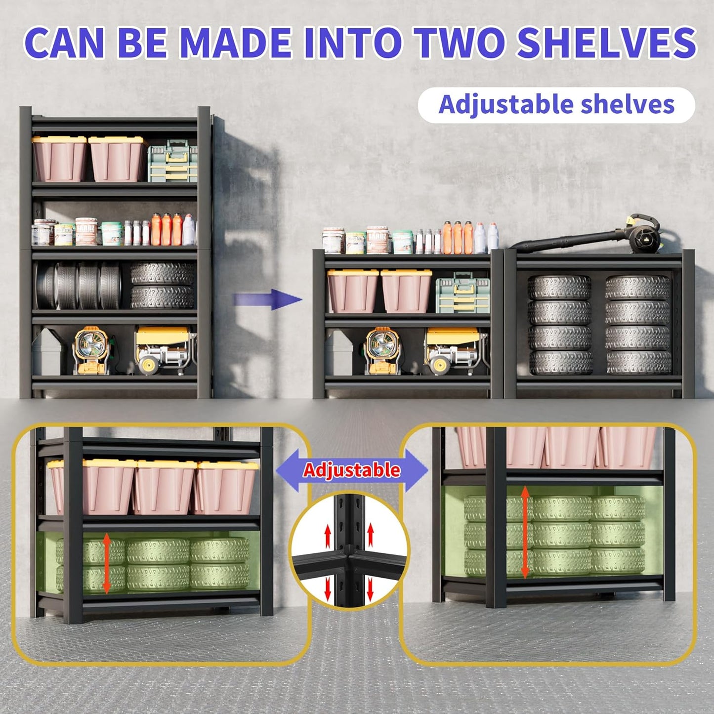 5-Tier Heavy Duty Metal Garage Shelving Unit, 24" D x 48" W x 72" H, Industrial Style, Adjustable Shelves, 3000 lbs Capacity