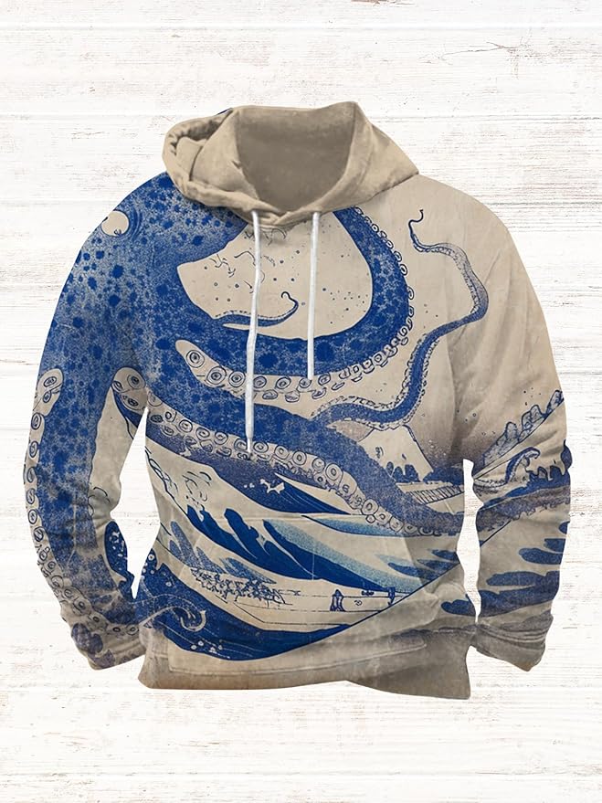 Mens Animal Print Graphic Hoodies Casual Long Sleeve Japanese Art Style Hooded Sweatshirt Lightweight Pullover Tops