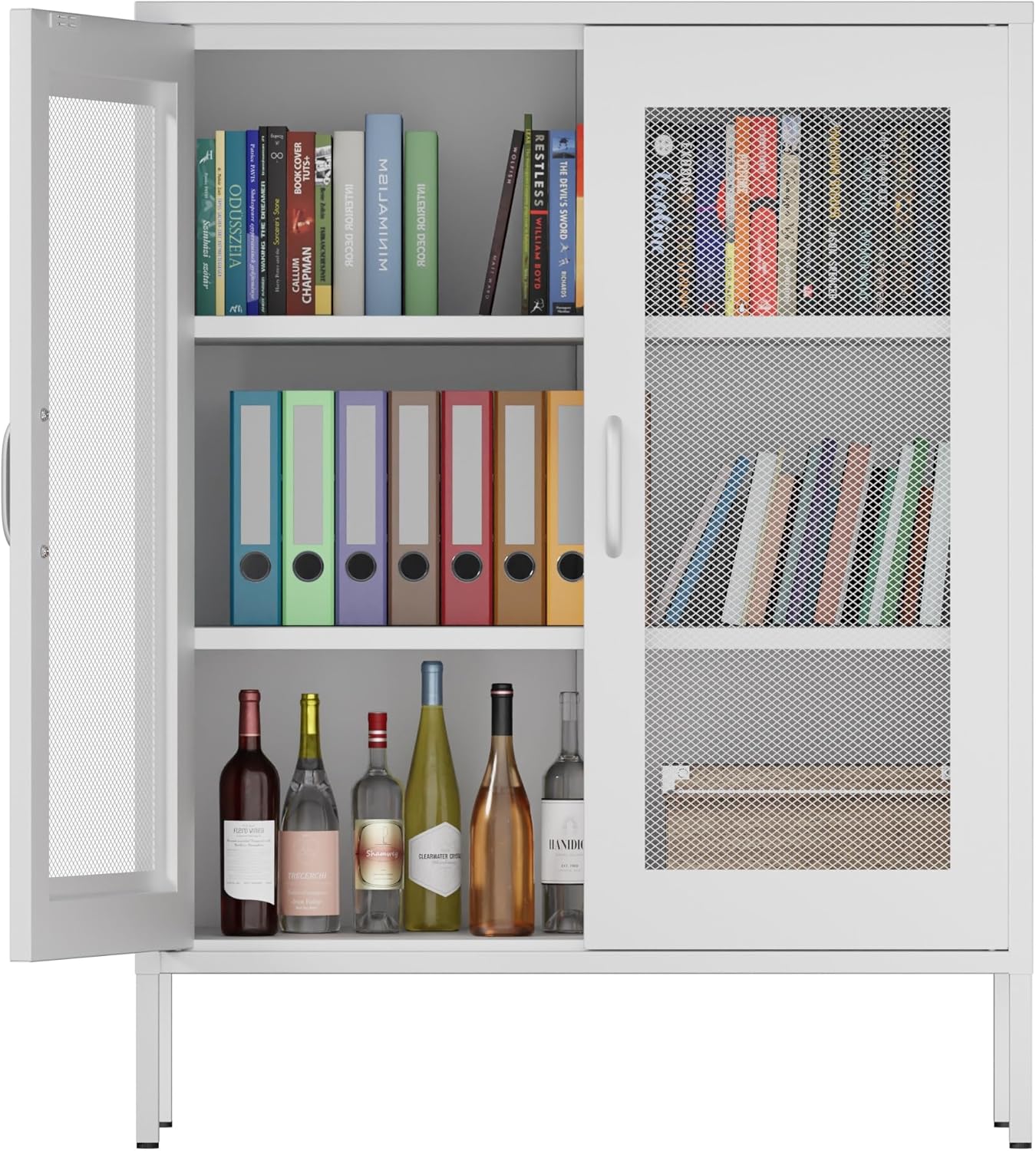 Metal Storage Cabinet with Mesh Doors,Steel Display Cabinet with Adjustable Shelves,Metal Office Storage Locker for Home Office,Garage(White mesh, 40''H)
