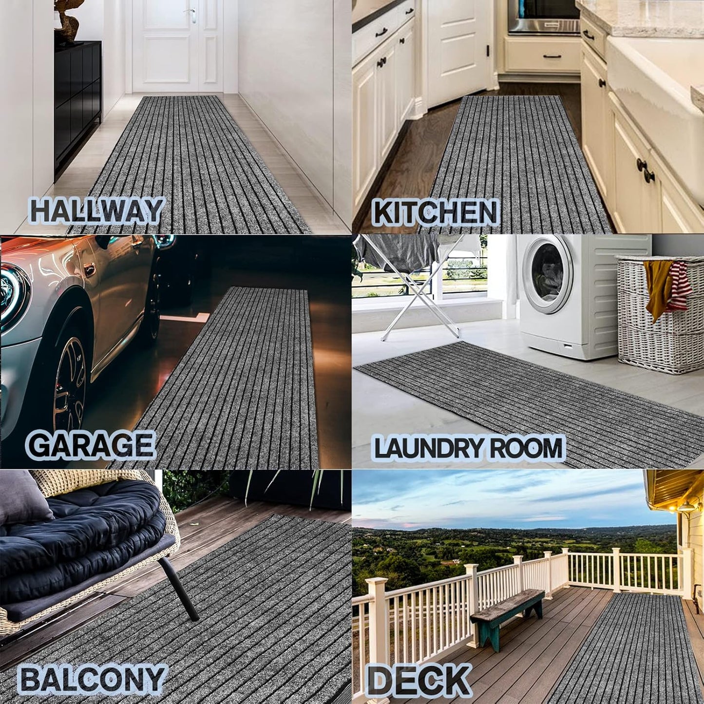 Custom Size Backed Non-Slip Area Rugs Runner, Easy Clean, Waterproof Runner Rugs for Hallway Entryway, Kitchen, Laundry, 2FT x 24FT, Gray Stripe