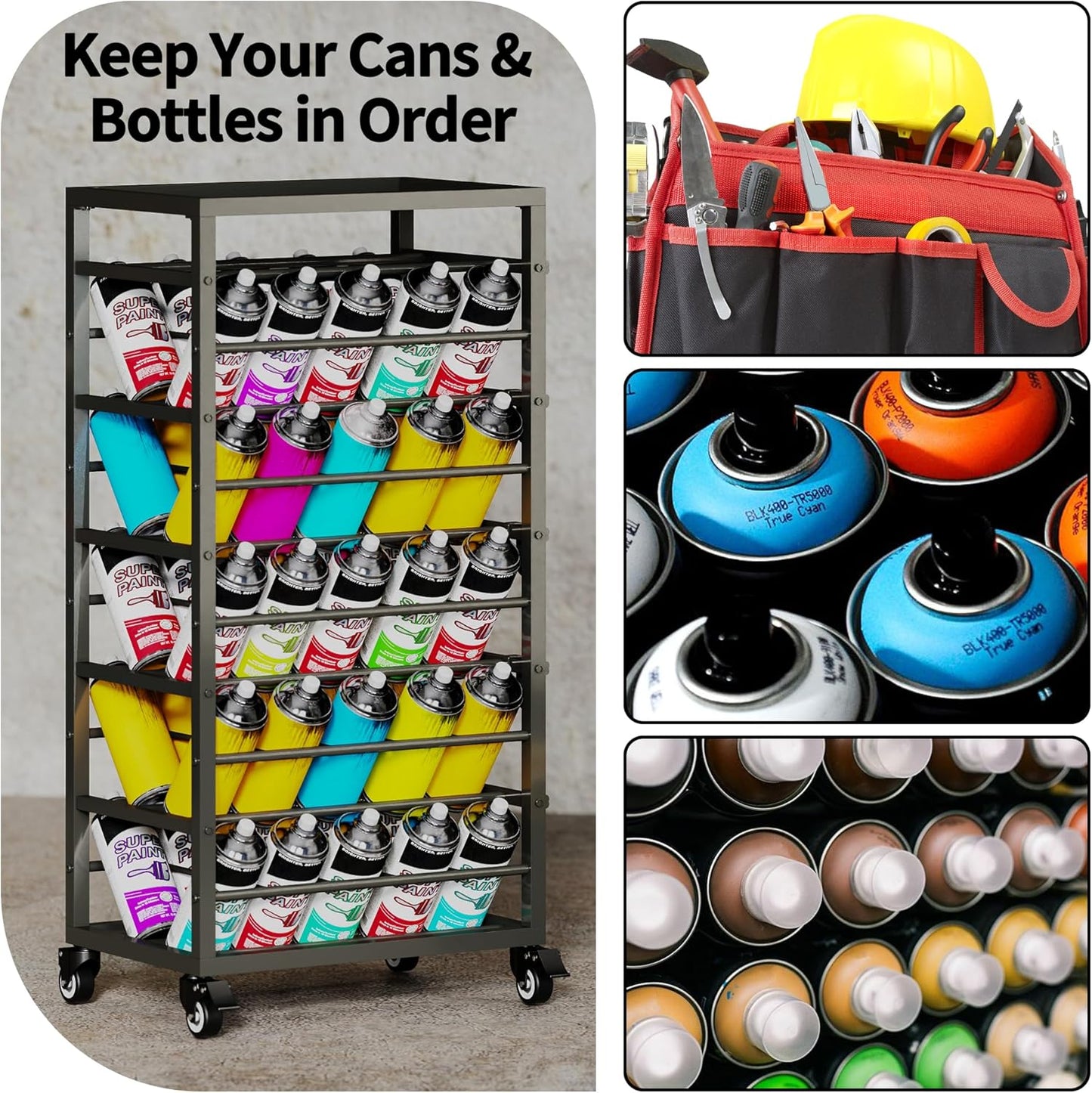 50 Can Spray Paint Rack Organizer, Metal Spray Paint Can Storage Holder, Rolling Aerosol Can Cart with Storage Shelf, for Garage, Craft Workrooms