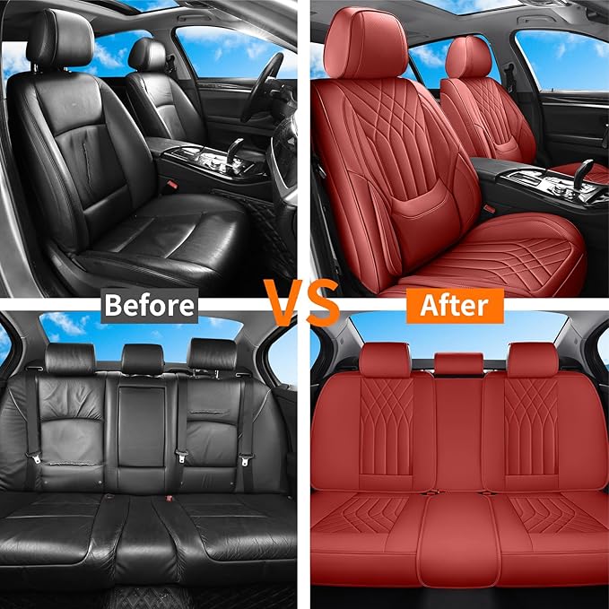 Red Car Seat Covers Full Set, Luxury Faux Leather Red Seat Covers for Cars Front and Back Seats Protector, Waterproof Full Wrapped Covers Universal Fit for Most Cars Sedans SUVs
