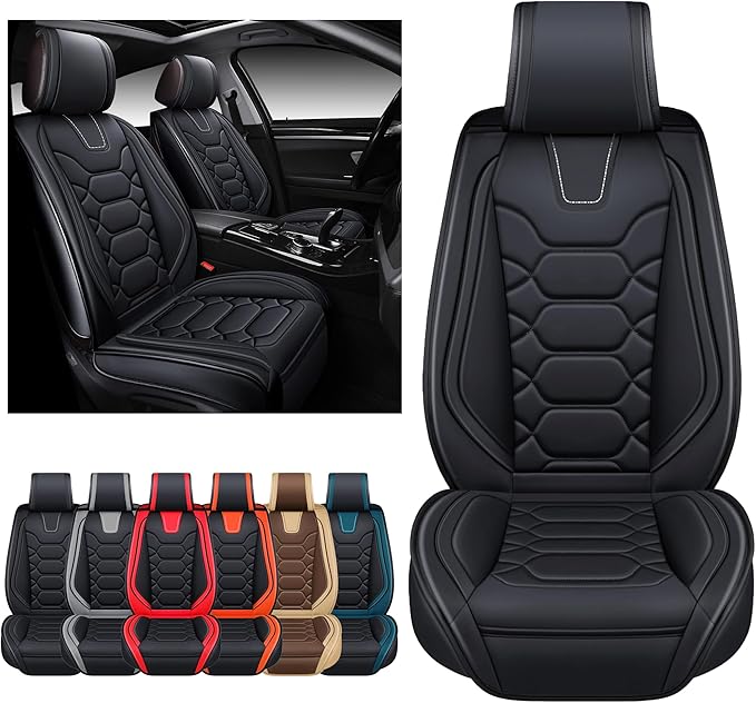 OASIS AUTO Car Seat Covers Front Seats, Waterproof Faux Leather Seat Covers for Cars Universal Fit for SUV, Truck, Sedan, Black Premium Car Seat Protector with Cushions (OS-004 Black)