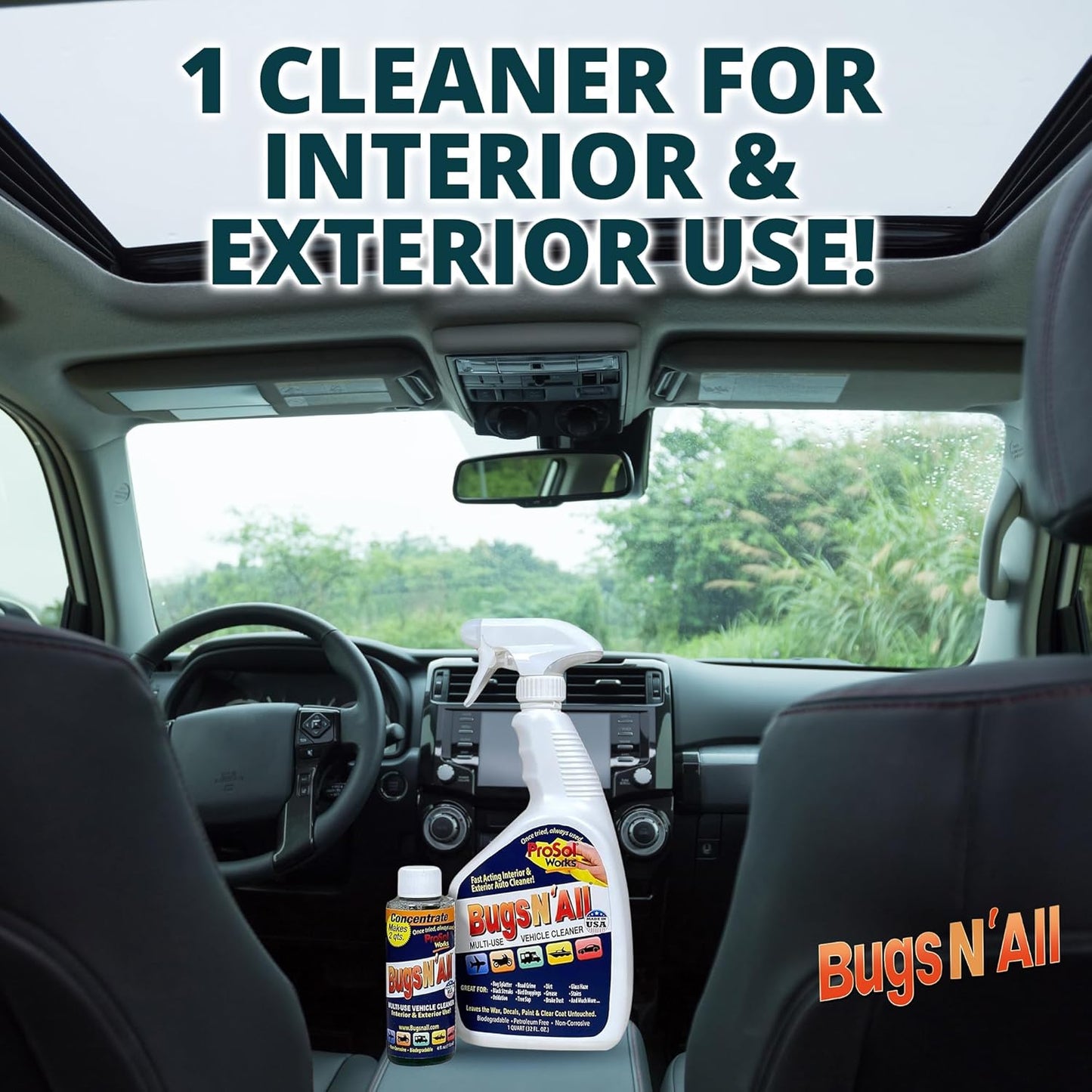 Bugs Nโ All Multipurpose Car Cleaner & Degreaser - Bug & Tar Remover Concentrate 4 oz - Exterior Cleaner Safe for Car Paint, Metal, Chrome, Aluminum, Windows & Mirrors - w/Free 32 oz Spray Bottle