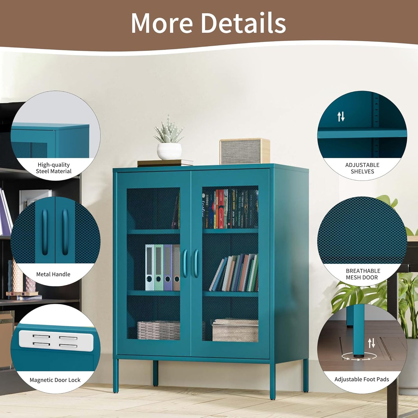 Metal Storage Cabinet with Mesh Doors,Steel Display Cabinet with Adjustable Shelves,Metal Office Storage Locker for Home Office,Garage(Blue, 40''H)