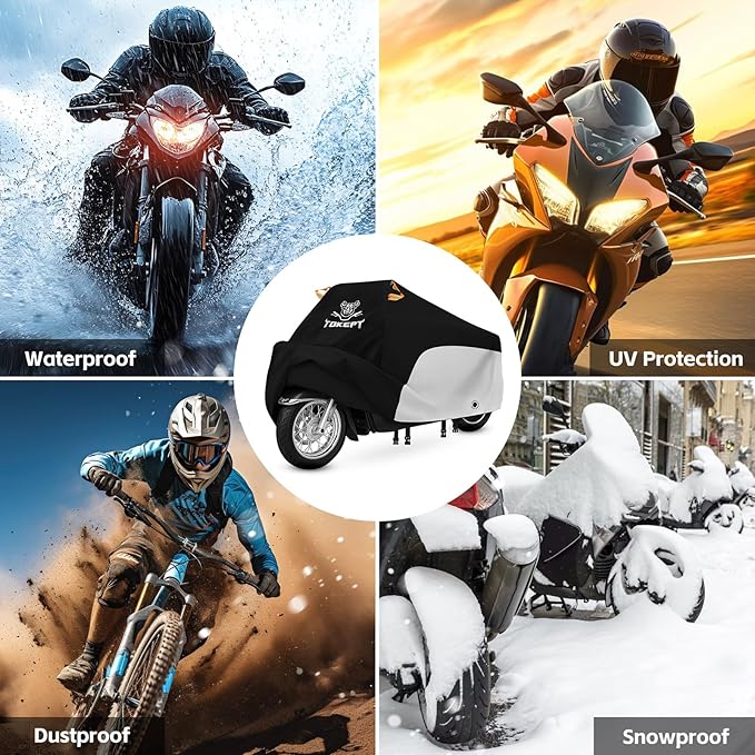 Motorcycle Cover, All-Weather Universal Motorcycle Outdoor Waterproof Cover with Locking Holes & Reflective Strips for 96″ Yamaha Honda Kawasaki Motorbike Accessories (Black&Silver)