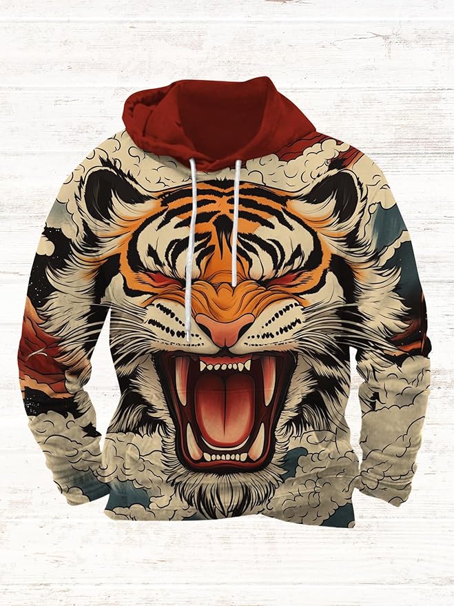 Mens Animal Print Graphic Hoodies Casual Long Sleeve Japanese Art Style Hooded Sweatshirt Lightweight Pullover Tops