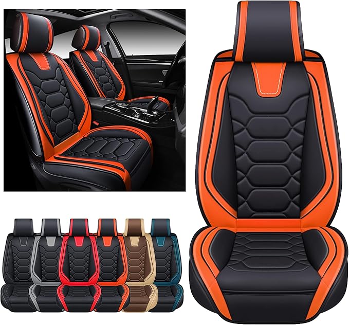 OASIS AUTO Car Seat Covers Front Seats, Waterproof Faux Leather Seat Covers for Cars Universal Fit for SUV, Truck, Sedan, Black Premium Car Seat Protector with Cushions (OS-004 Black&Orange)