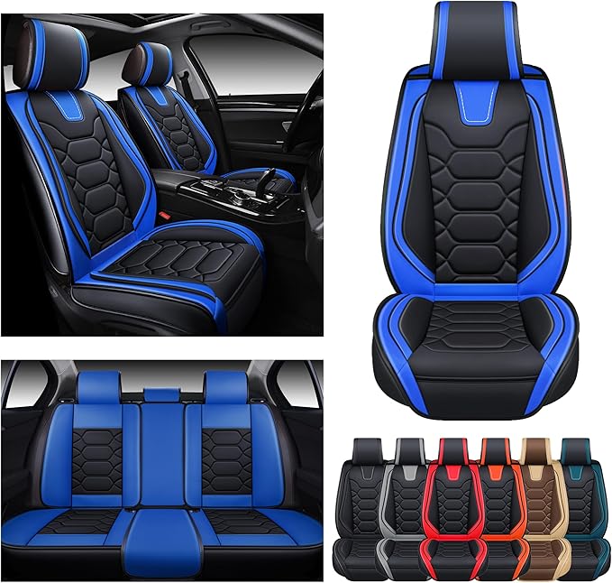 OASIS AUTO Car Seat Covers Full Set Premium Waterproof Faux Leather Cushion Universal Accessories Fit SUV Truck Sedan Automotive Vehicle Auto Interior Protector (OS-004 Black&Blue)