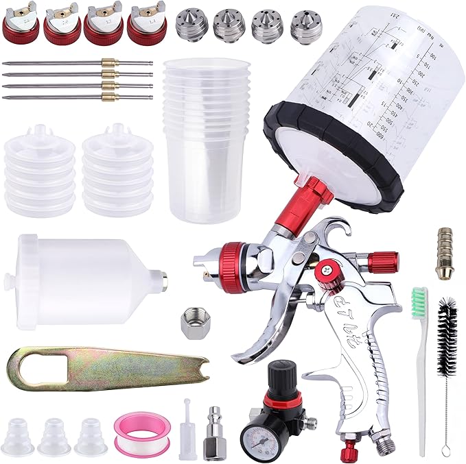 HVLP Spray Gun with 10Pcs 600ML Disposable Paint Cups, Automotive Gravity Feed Spray Gun Kit with 4 Nozzles,1.4/1.7/2.0/2.5mm, Sprayer Gun with Air Compressor Regulator for Auto Paint (RED)