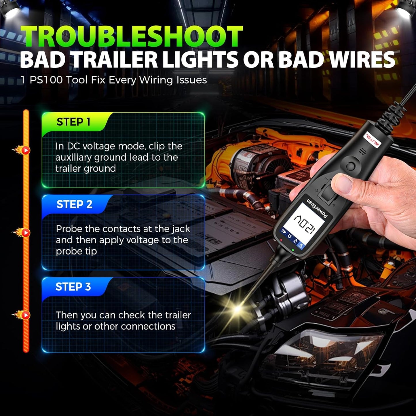 2025 Autel PowerScan PS100 Power Circuit Probe Tester, 12-24V Automotive Electrical Open/Short Breaker Finder, Component Activation Test Tool, AC/DC Trailer Relay Fuse Test, 40FT Cable, for 99% Cars