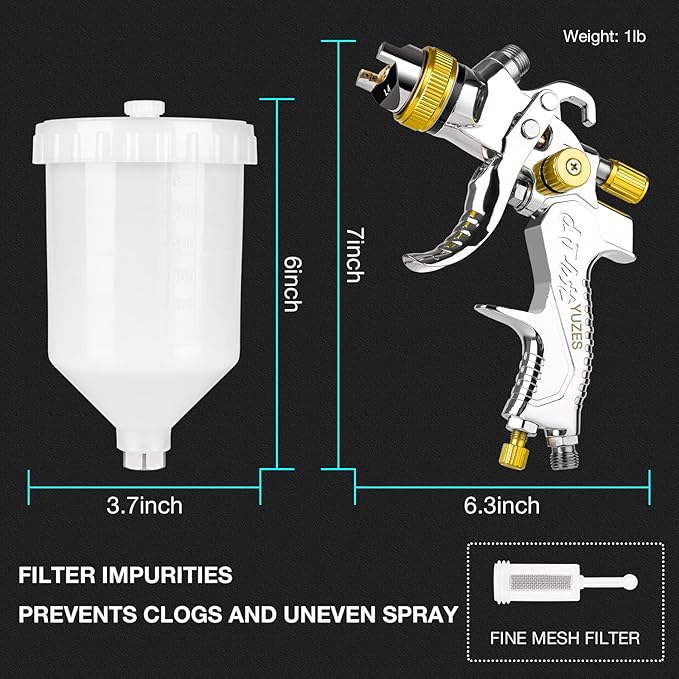 YUZES Automotive Paint Gun for Cars, Air Spray Gun with 1.4/1.7/2.0mm Nozzles and Complete Accessories, Easy to Replace, Paint Spray Gun for Painting Cars, Furniture, Detailed DIY Projects (Yellow)