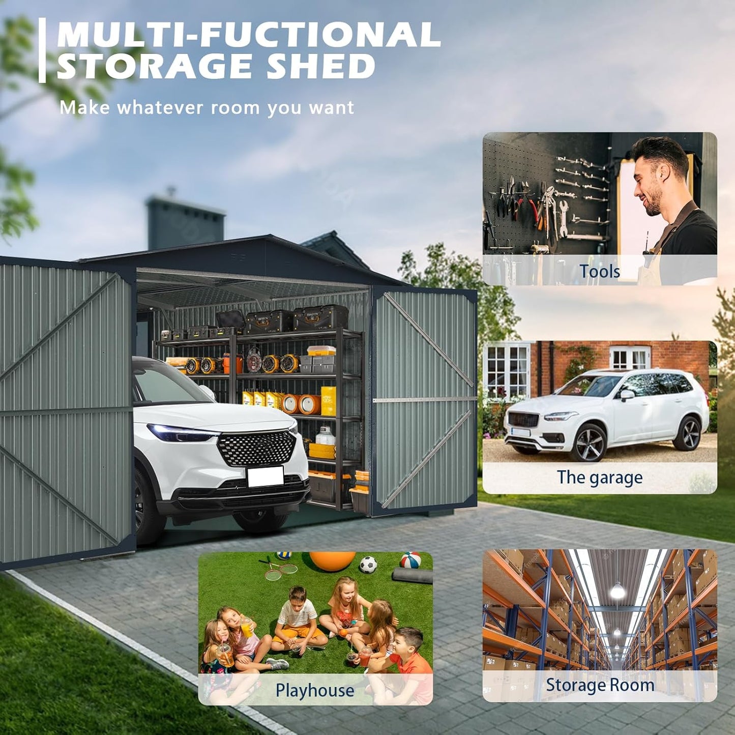 KUIKUI Metal Garage Shed Without Floor, 10x20FT Heavy Duty Outdoor Shed and Storage with 2 Doors and 4 Vents, Car Sheds Outdoor Garage