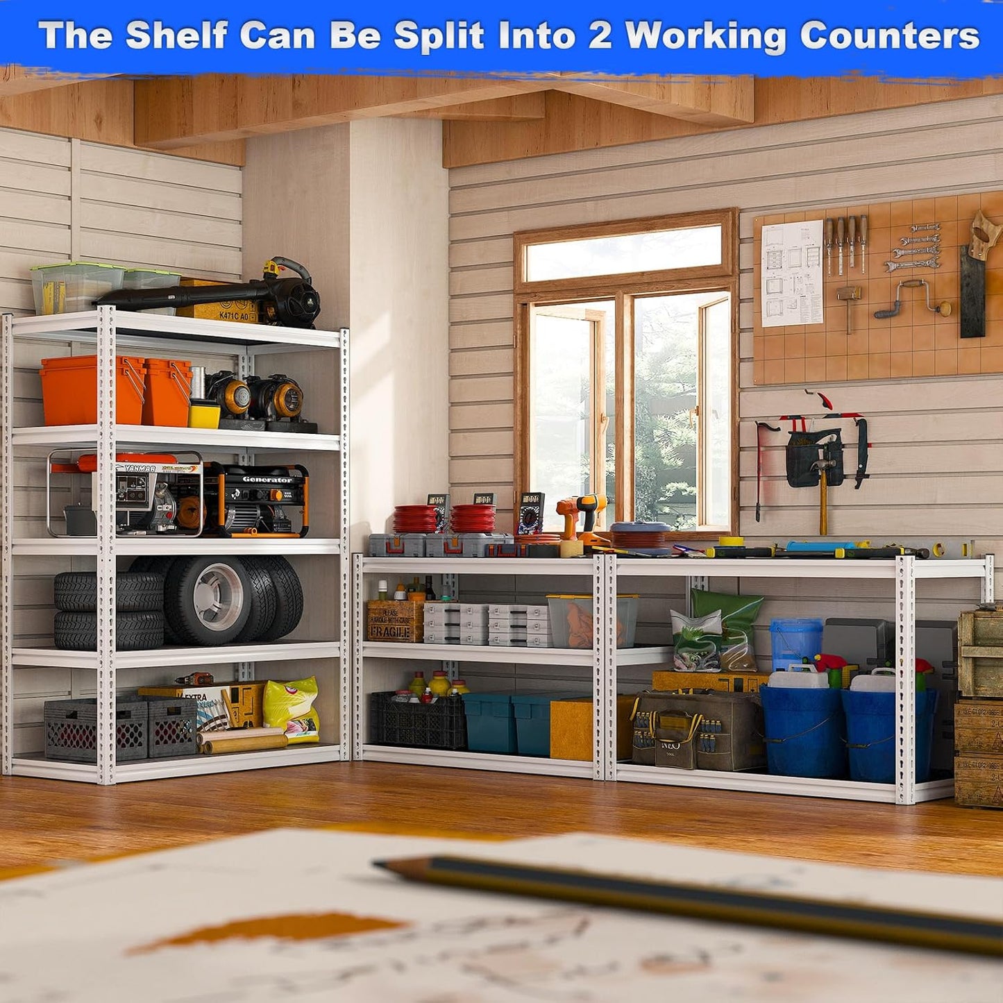 REIBII Garage Shelving 2500LBS Storage Shelves Adjustable Heavy Duty Shelving Metal Shelving 65.7" H Metal Shelves White Shelves for Pantry Kitchen 15.3" D x 33.8" W x 65.7" H