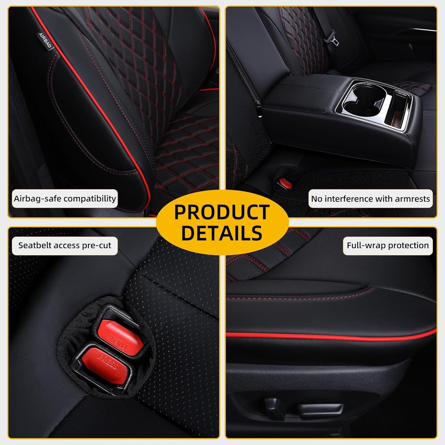 Custom Fit Camry Seat Covers for Toyota Camry LE,SE,SE Nightshade 2018-2024 Full Coverage Waterproof Breathable Leather Car Seat Covers Full Set(Black with Red Trim)
