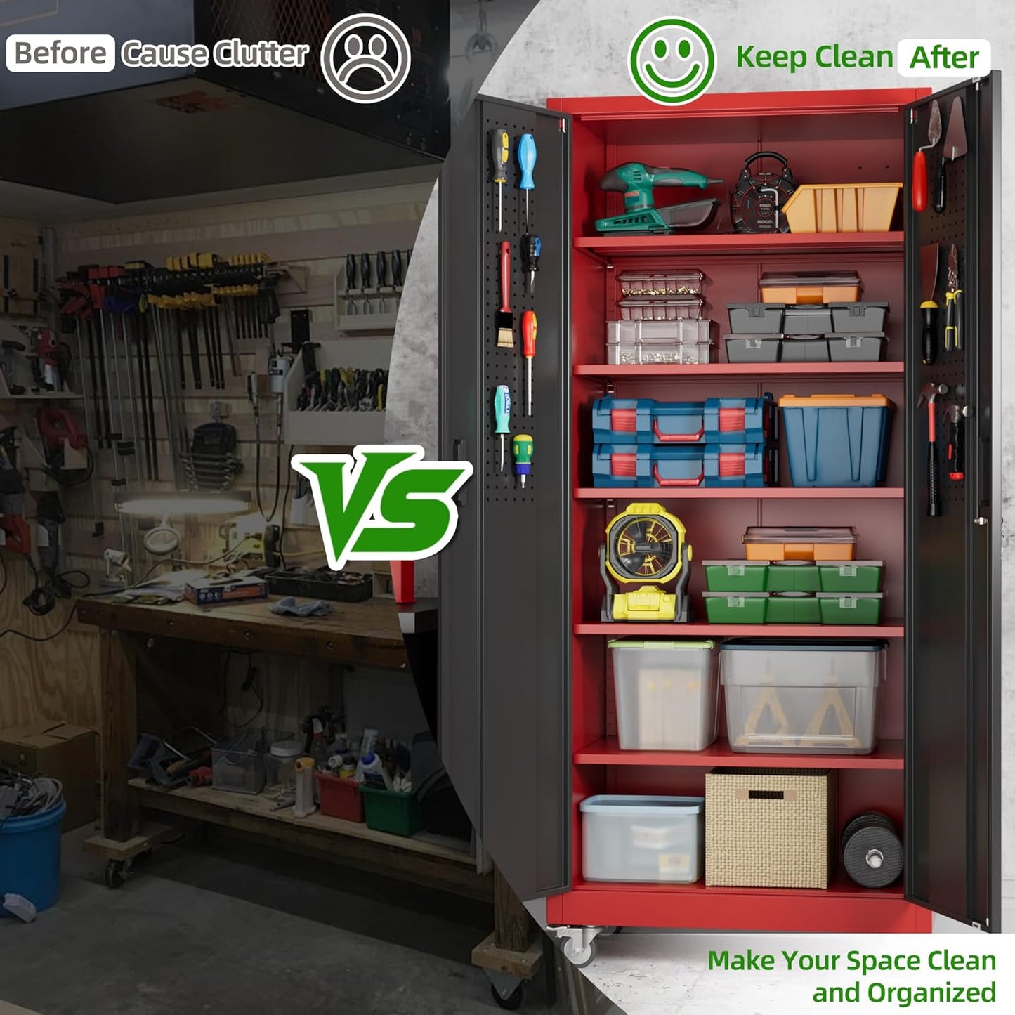 Garage Storage Cabinet with Pegboard and 5 Adjustable Shelves, 71'' x 32'' x 16''Metal Lockable Cabinet with Magnetic Doors,Tool Storage,Home Office Garage,Gym,School (Black-red)