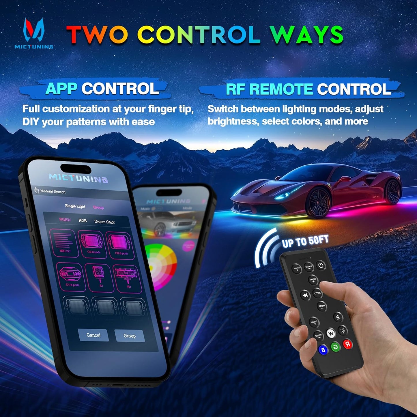 MICTUNING 8Pcs N8+ Chasing Color RGB+IC Underglow Neon Accent Strip Lights, 12V Multi DreamColor Music Soundsync Exterior Underbody Lights for Car, Wireless App & Remote Control, 2 Years Warranty
